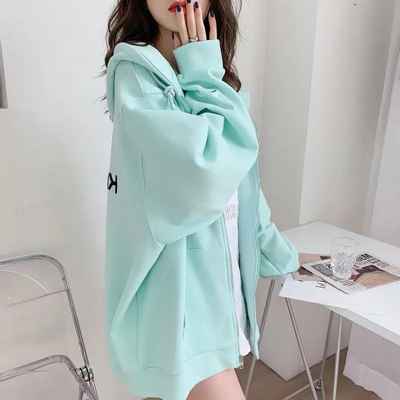 Casual Zip up Hooded Sweatshirt Candy Color Korean Streetwear Loose Zipper Essentials Hoodies for Women y2k Outerwear Tops