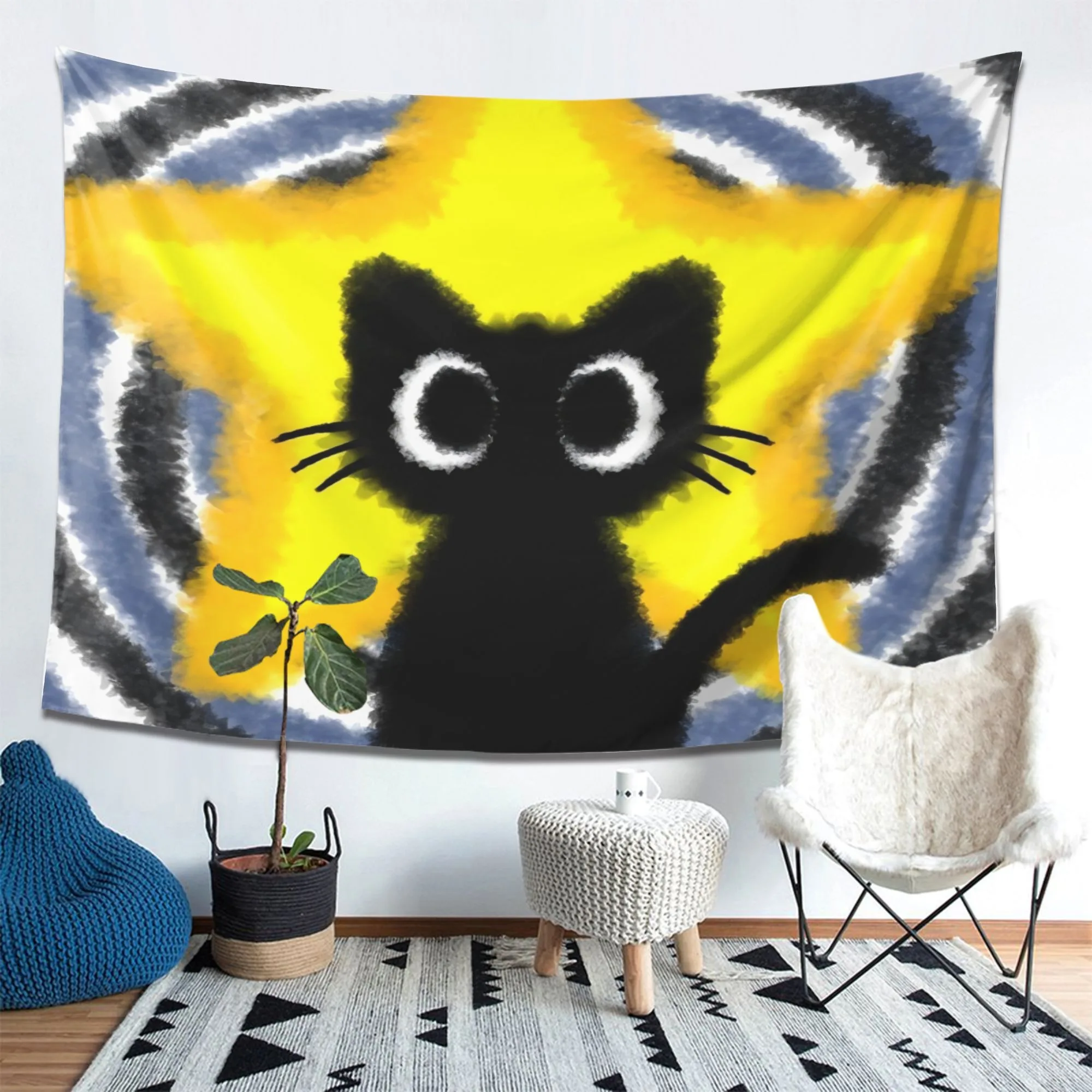 Watercolor Cute Black Cat Yellow Five-Pointed Star Wall Tapestry, Abstract Swirl Grey Blue Ring Background Cartoon Kitten Wall H