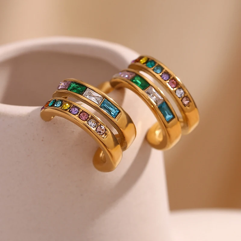 

ROXI | Luxury Gold C-shape Earring for Women. Stainless Steel. Colored Zircon Charm. Unique 2024