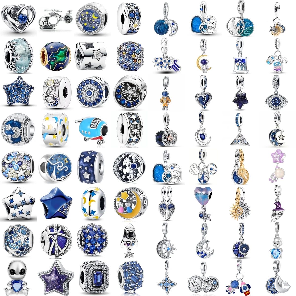 

925 Sterling Silver Blue Sky Star Series Stars Sun Moon Astronauts Rockets Charms Beads Fit Original Bracelet DIY Trinkets