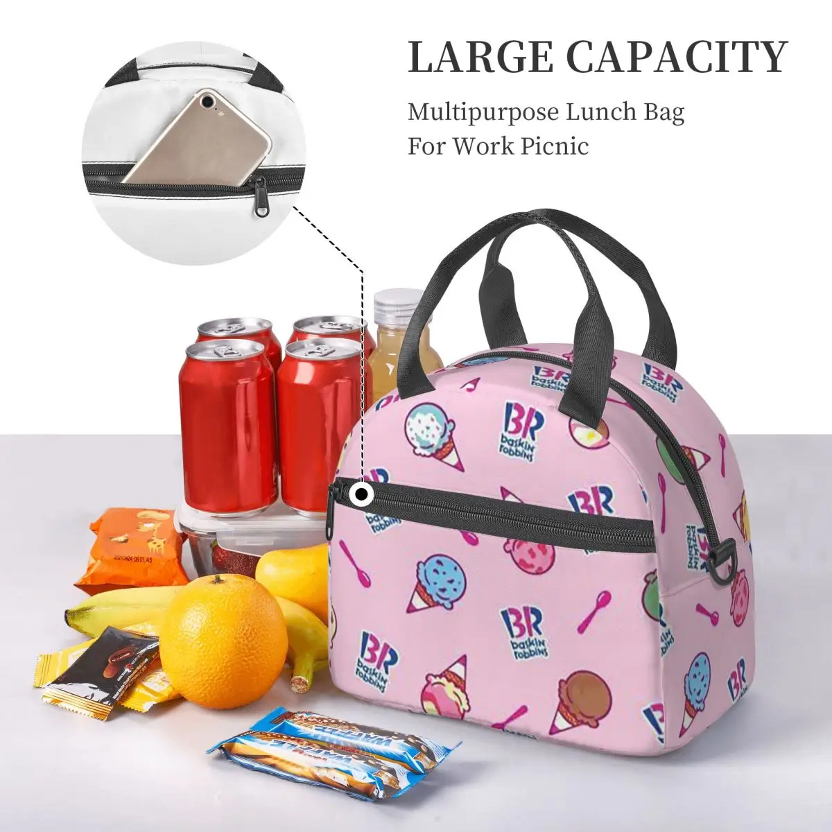 Baskin Robbins Ice Cream Insulated Lunch Bag for Women Bento Storage Food Boxes Portable Cooler Thermal Lunch Box Tote