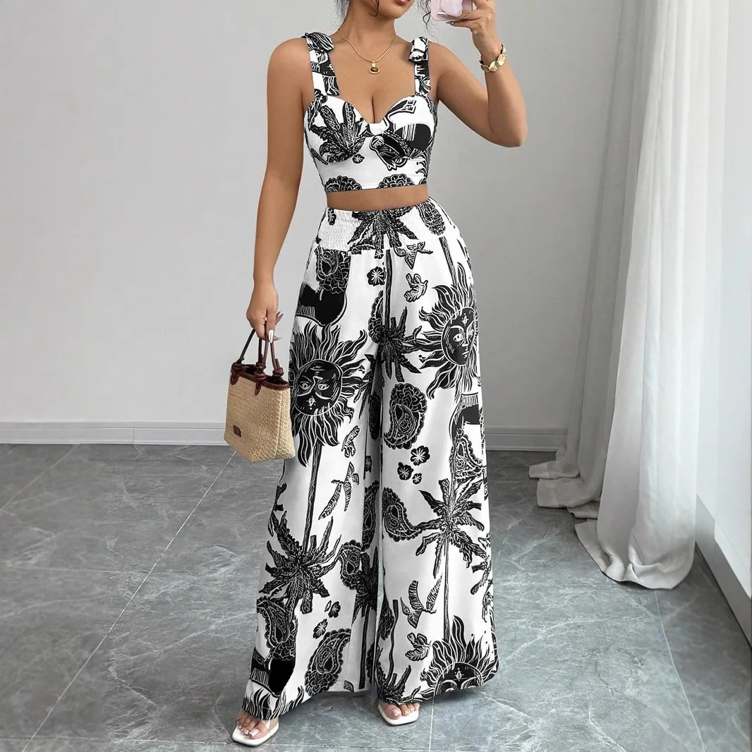 Women's Two-piece Set Summer New Casual Suit Sexy Suspender Short Navel Top Fashion Print Loose Wide-leg Pants 2-piece Set Women