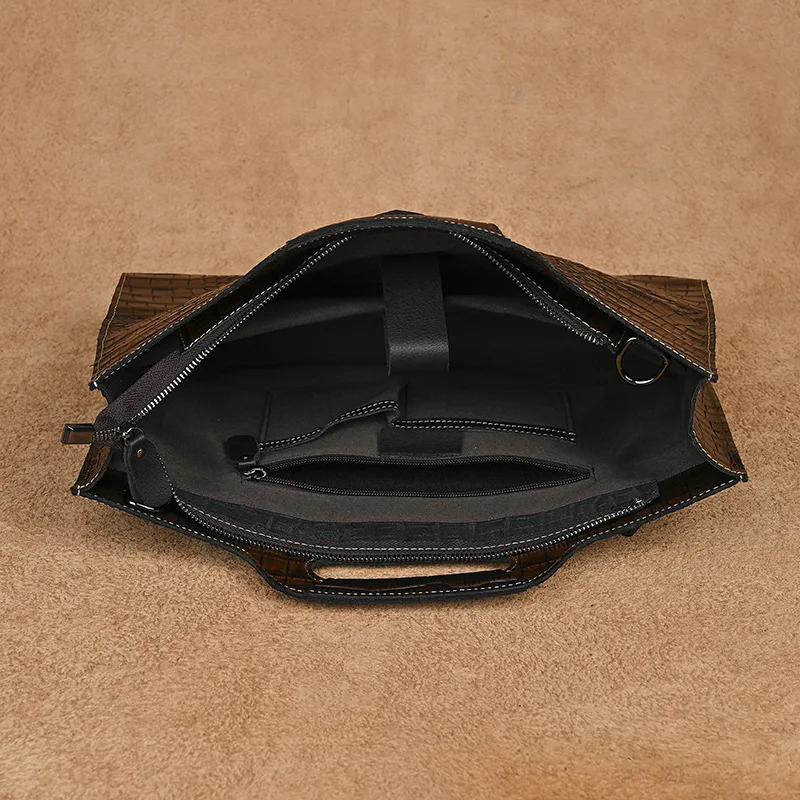 Mens จระเข้นูนหนังกระเป๋าเอกสาร Vintage กระเป๋าไหล่ Messenger กระเป๋าเอกสารทํางาน Tote
