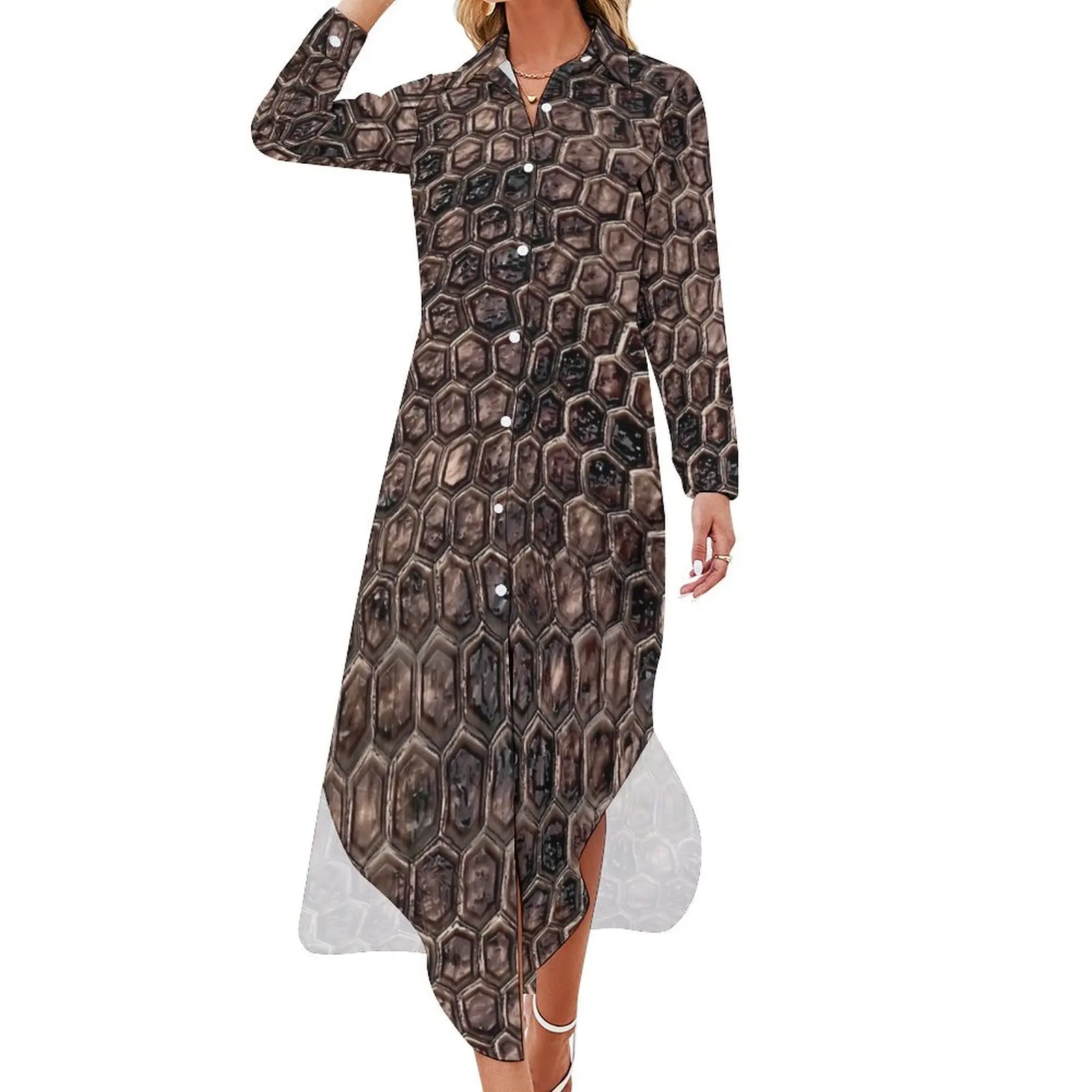 Vintage Snake Skin Brown Print Chiffon Dress Vintage Dresses Street Fashion Casual Dress Female Sexy Graphic Vestido Big Size