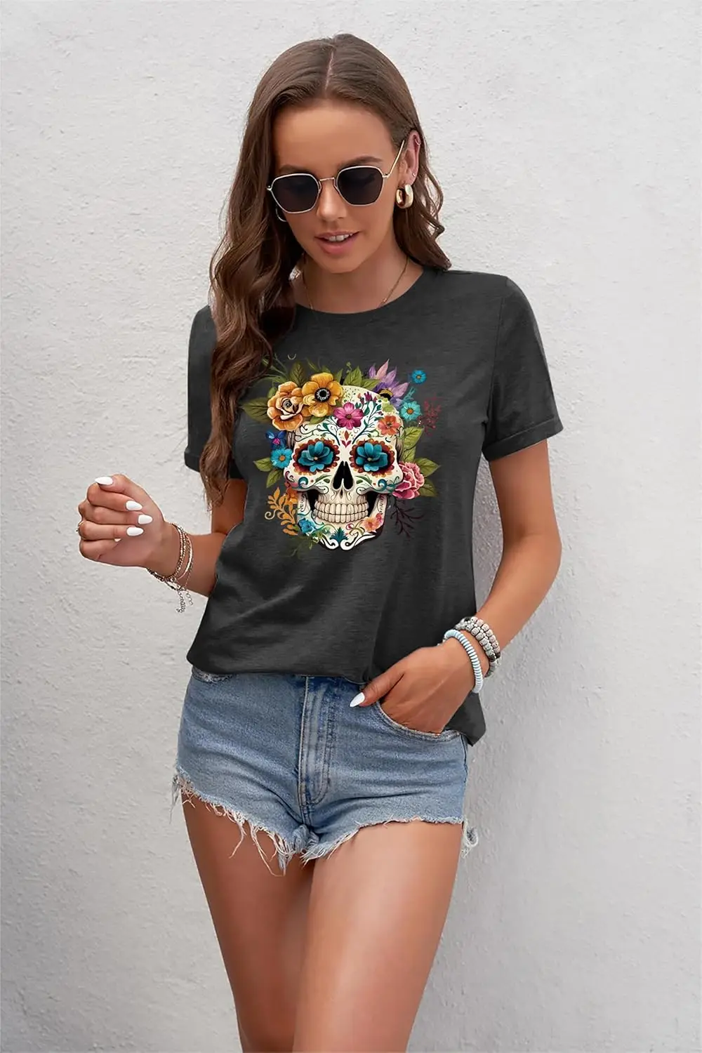 Dia De Los Muertos Shirt Women Funny Day of The Dead Skulls T-Shirt Fall Sugar Skull Garphic Tees Spooky Season Tops