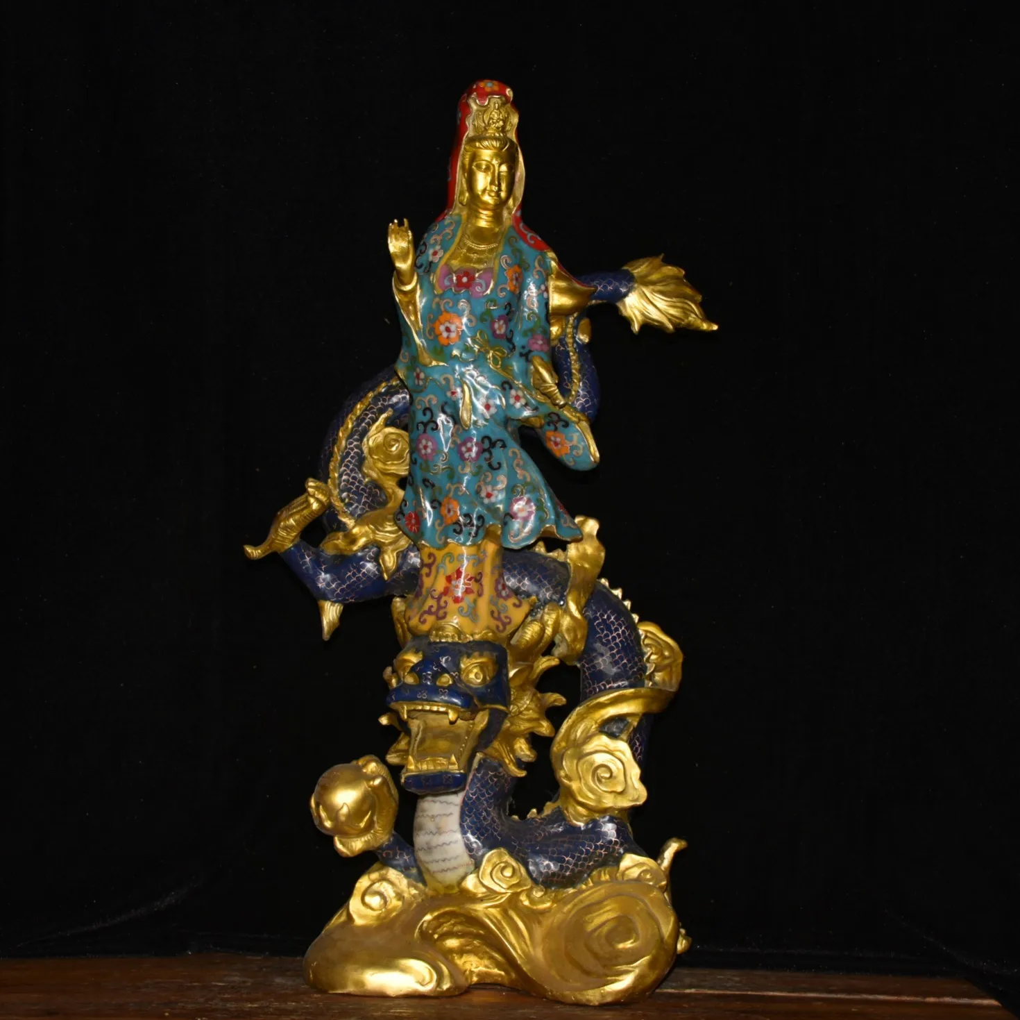 

28"Tibetan Temple Collection Bronze Cloisonne Enamel Guanyin Bodhisattva ride a Dragon lotus platform Worship Hall Town house