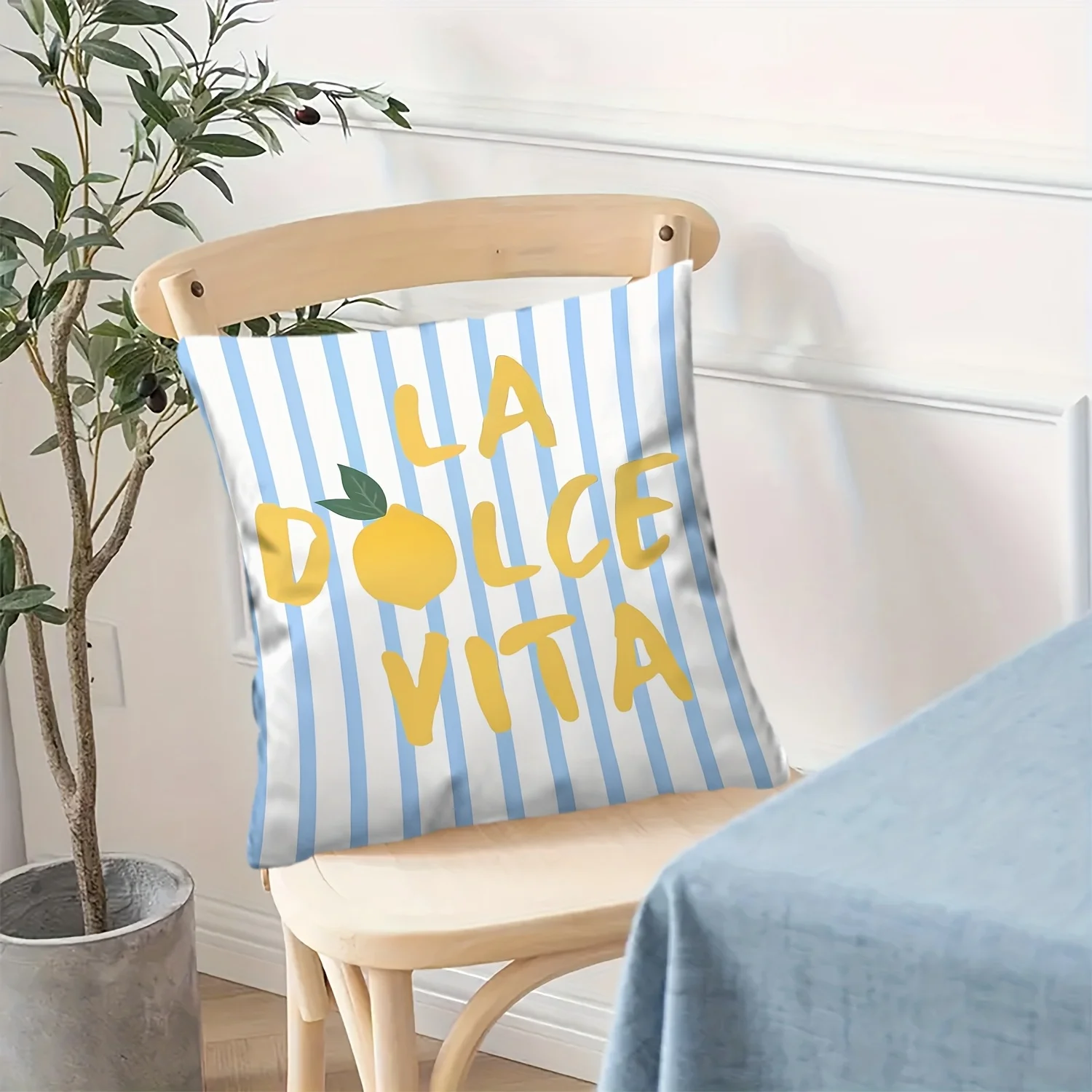 La Dolce Vita Lemon Pillowcase, Blue White Striped Cushion Cover, Italian Summer Quote Decor, Living Room Sofa Throw Pillow - view 3