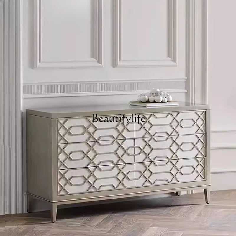 Modern American Light Luxury Dressing Table Champagne Silver Rule Graphic Decorative Storage Side Cabinet