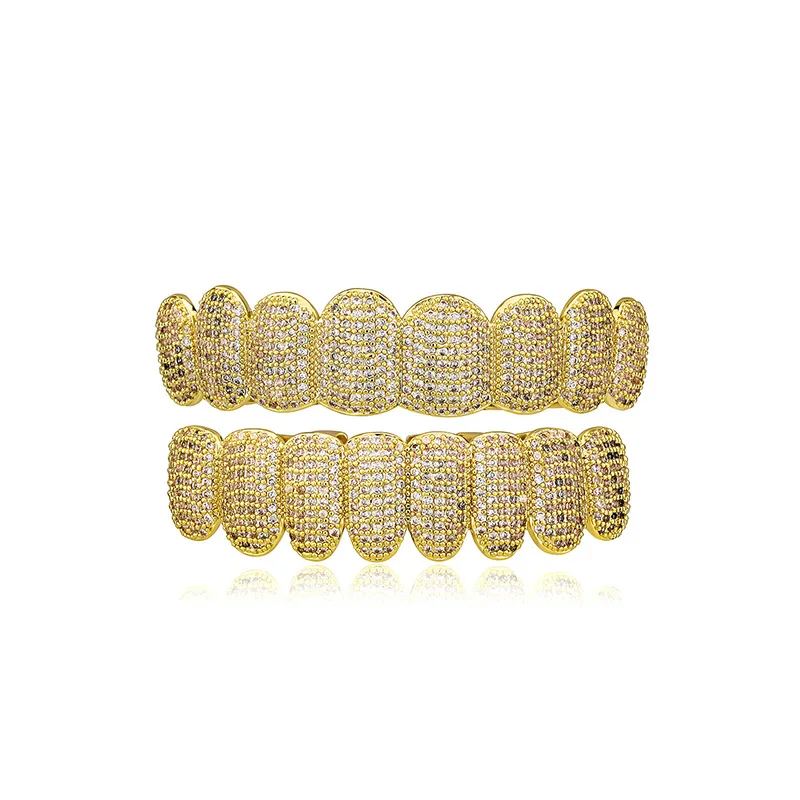 Hip Hop Full CZ Stone Paved Super Bling Iced Out Flat Teeth Grillz Top Bottom Set Dental Grills for Men Rapper Jewelry