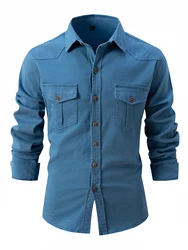 Camisa vaquera de talla europea para hombre, informal, de color sólido, con dos bolsillos, de manga larga, de algodón elástico lavado, a la moda, nuevo negocio