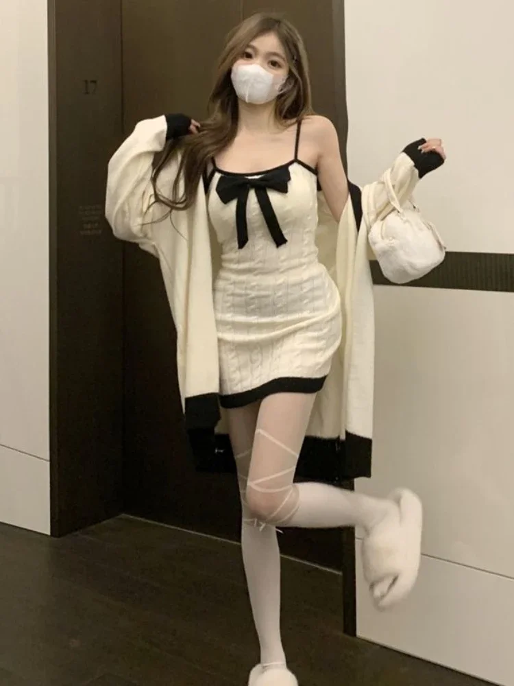 2023 Winter Bow Design Kawaii Knitted 2 Piece Dress Set Woman Casual Sweater Cardigan Korean Style Sexy Club Party Dress Chic