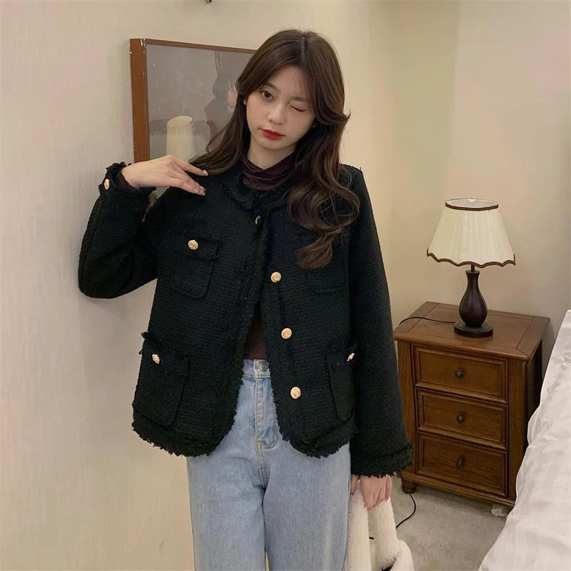 Tweed Jacke Frauen koreanische Mode elegante Knopf weiße Outwear weibliche Vintage lässig alle passen neue Kurz mantel Herbst Winter