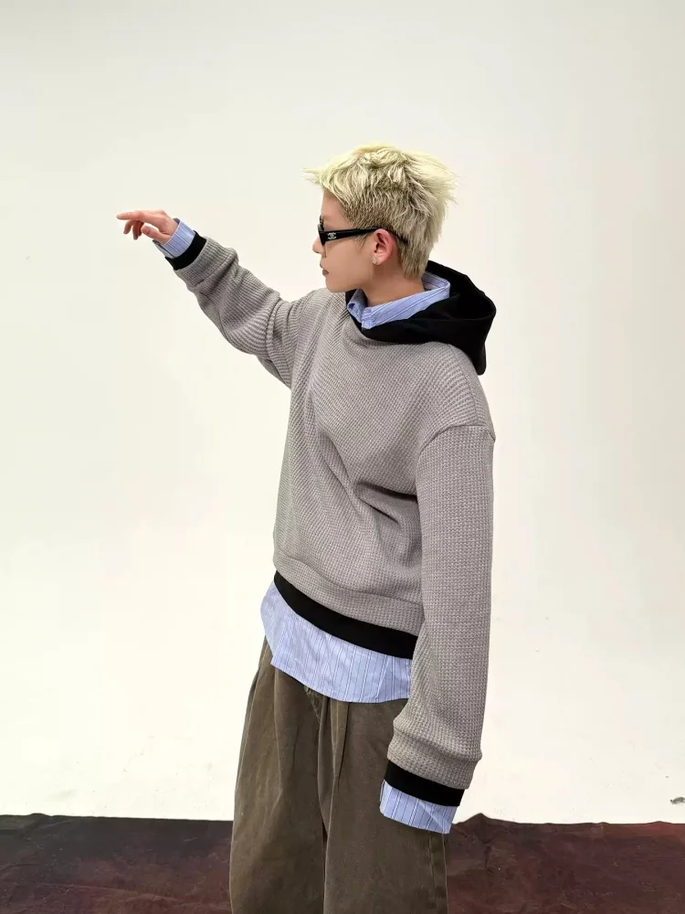 

Весенне-осенняя новинка: модная толстовка унисекс с капюшоном и воротником-рубашкой, имитация трехслойности, однотонная.