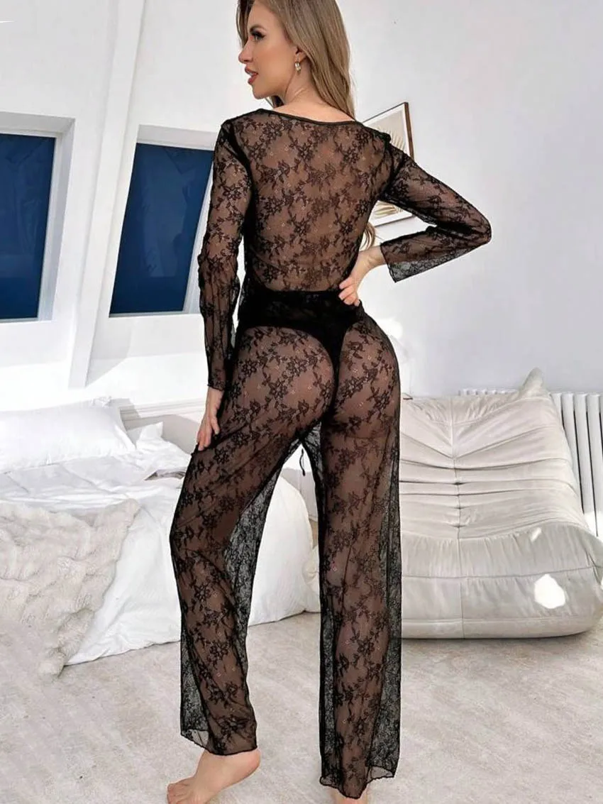 Marthaqiqi Sexy Lace Ladies Nightgowns Set O-Neck Sleepwear Long Sleeve Nightwear Pants Black Casual Summer Female Pajamas Suits
