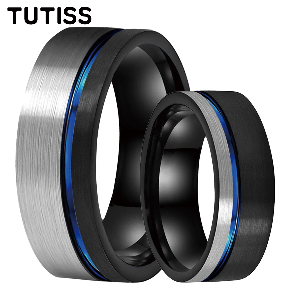 TUTISS-anel de carboneto de tungstênio para homens e mulheres, cor preto e azul, banda de casamento fashion, offset groove, acabamento escovado, 8mm