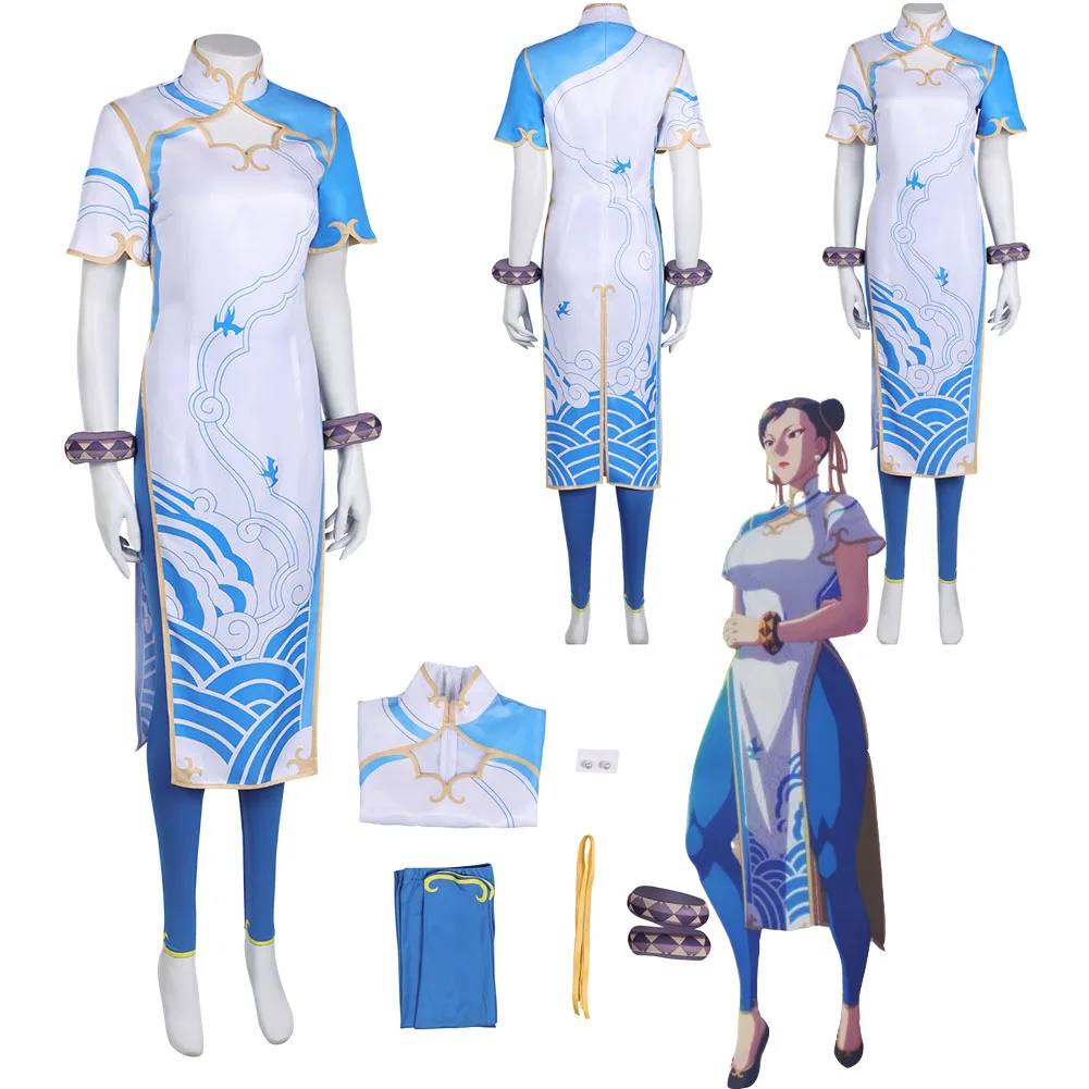 Fighter Game SF Chun Li Cosplay Costume Cheongsam Dress Pants Pearl Earrings Girls Women Adult Halloween Carnival Disguise Suit