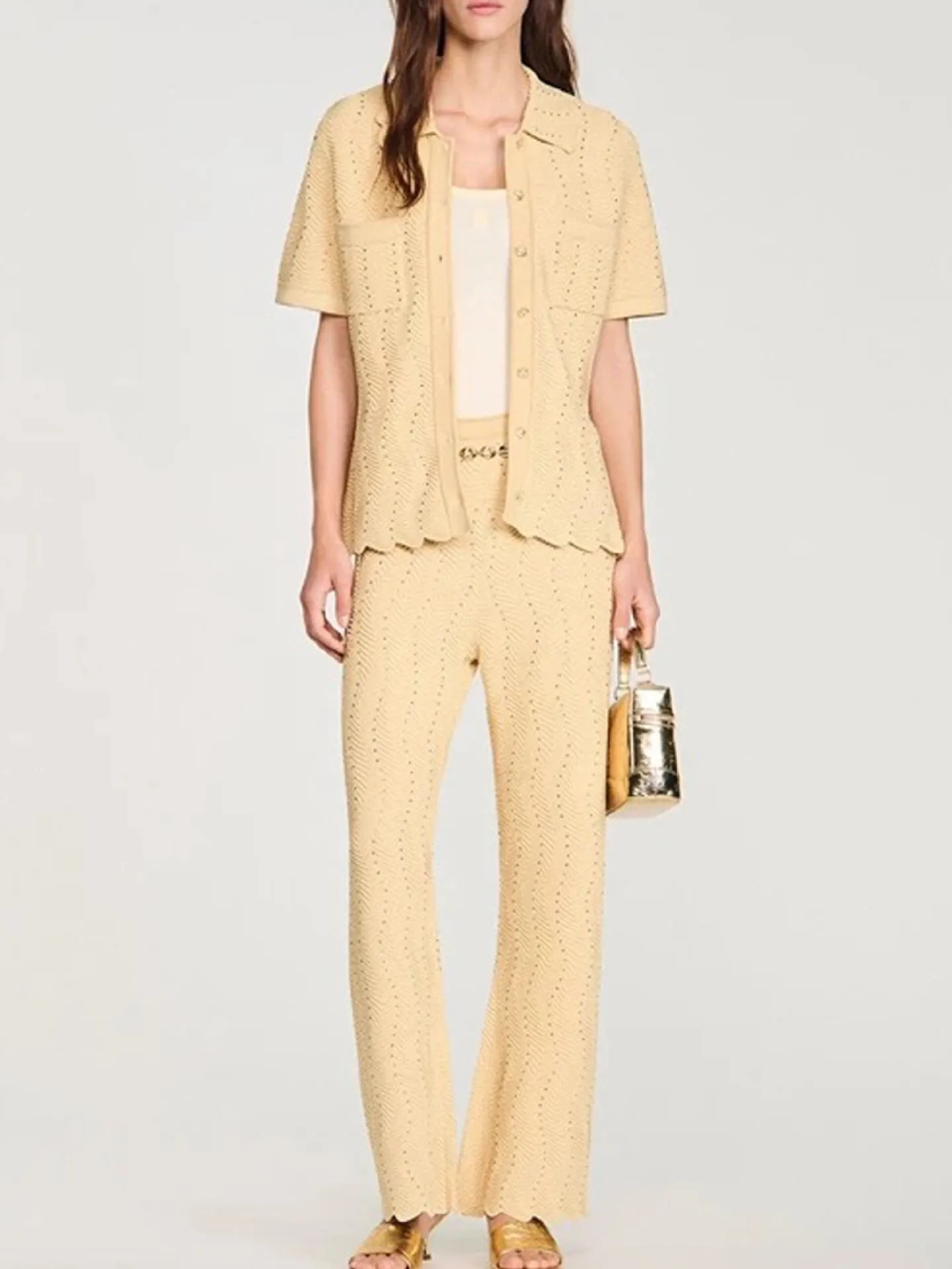 

Hot Rhinestone Decoration Knit Set Women Turn-Down Collar Sshort Sleev Knitted Top + Straight Leg Pants Elegant Commuter Suit