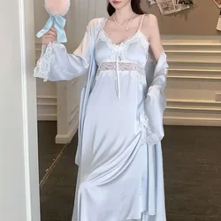 Spring New Nightgown Women Bride Wedding Dress Sweet Lace Patchwork Robe Set Nightdress Elegant Lingerie Summer Long Kimono Gown