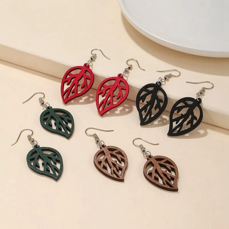 4 Pairs Set Vintage Ethnic Wood  Decoration Pendants Drop Earrings for Women Party Jewelry Gifts