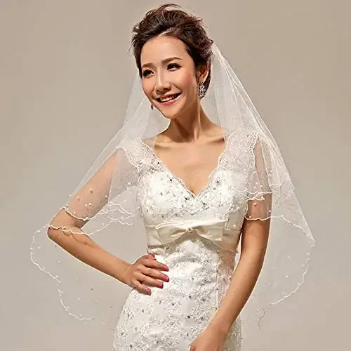 Vestido de novia con perlas, capa de velo, borde de cinta de tul, accesorios nupciales para mujer