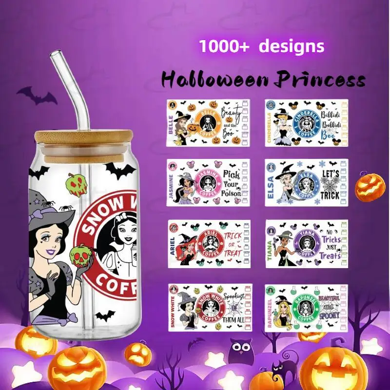 ハロウィーンプリンセスuv dtfカップラップ、高品質、転送、漫画文字、libbeyラップ、出荷準備完了、16オンス