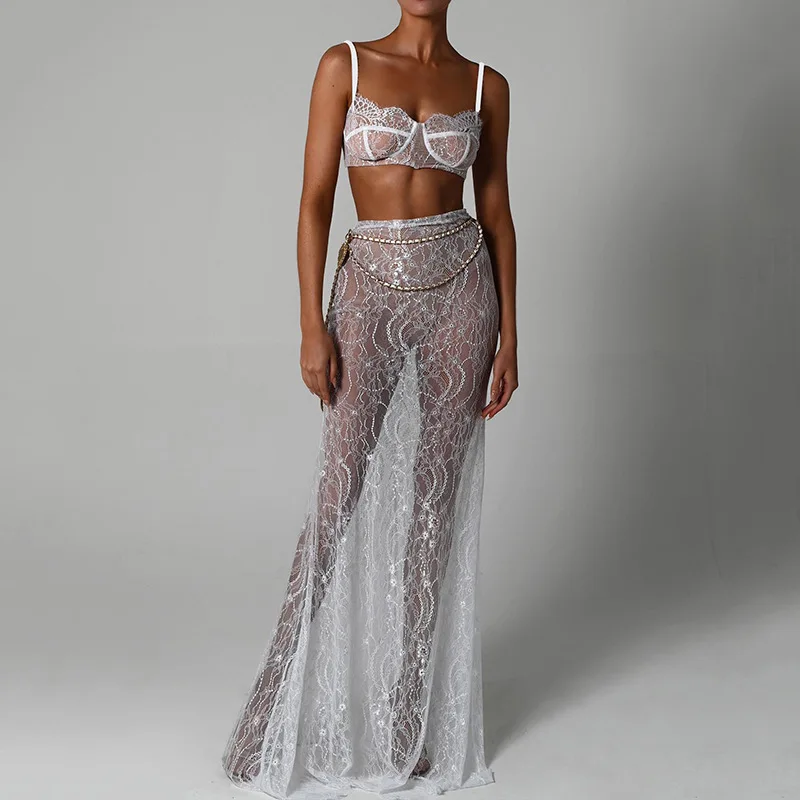 Robe de Rhen dentelle pour filles, haut en cœur à bretelles, longue robe de soirée avec ceinture, sexy, transparente, noire, club, chaude, 2 pièces