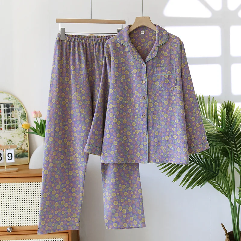 New Pure Cotton Pajamas Suit Spring Autumn Loose 2-Piece Lounge Set Women\'s Pajamas Sleepwear Button-Down Home Clothes