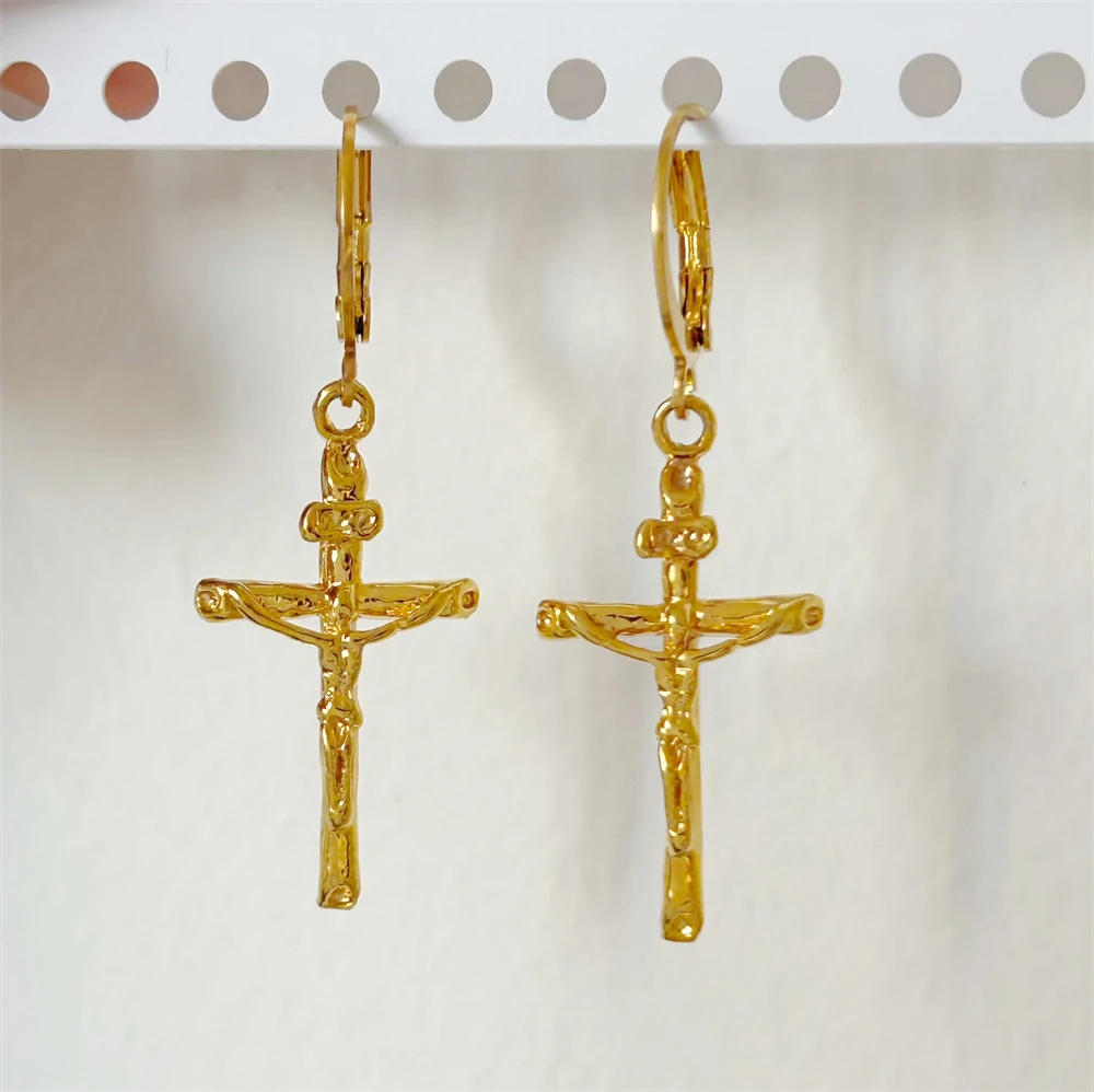 Yellow Gold Plated Bead Cross Heart Dangle Earrings for Women Stainless Steel Hoop Earing Pendientes Mujer Trendy Jewelry Gifts