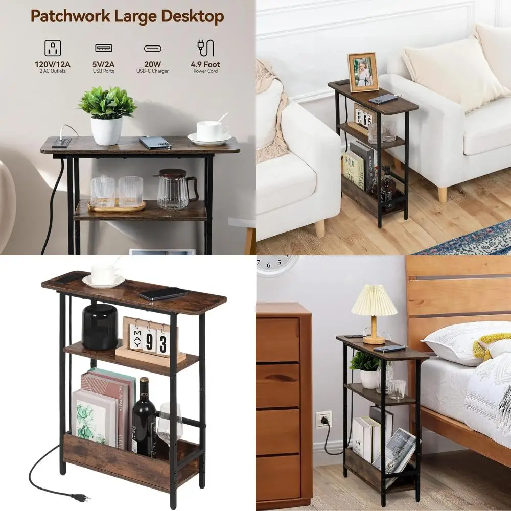 

Narrow Side Table with USB-C Charging Station, 3-Tier Slim End Table with Magazine Holder, Modern Thin Side Table for Couch or S