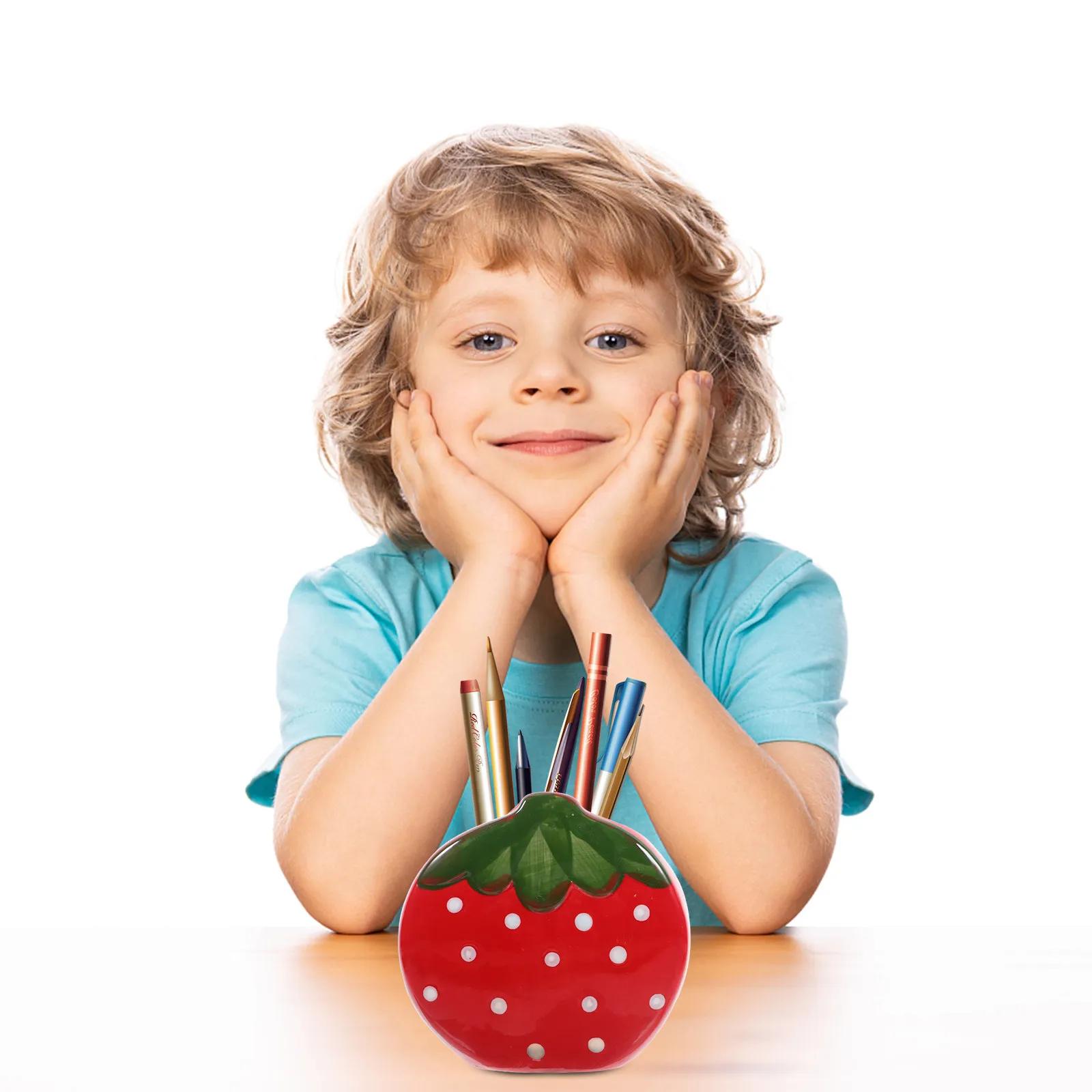 

2 шт. керамических подставок для ручек в форме клубники с гладкой поверхностью, многофункциональный настольный органайзер, коробка для хранения кистей для макияжа, декор для офиса и дома