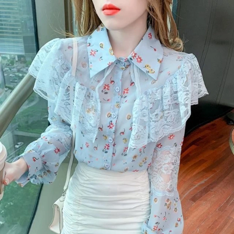 

Женская шифоновая блузка с цветочным принтом, свободная приталенная рубашка с длинным рукавом, элегантный повседневный топ, модная осенняя мода на животе