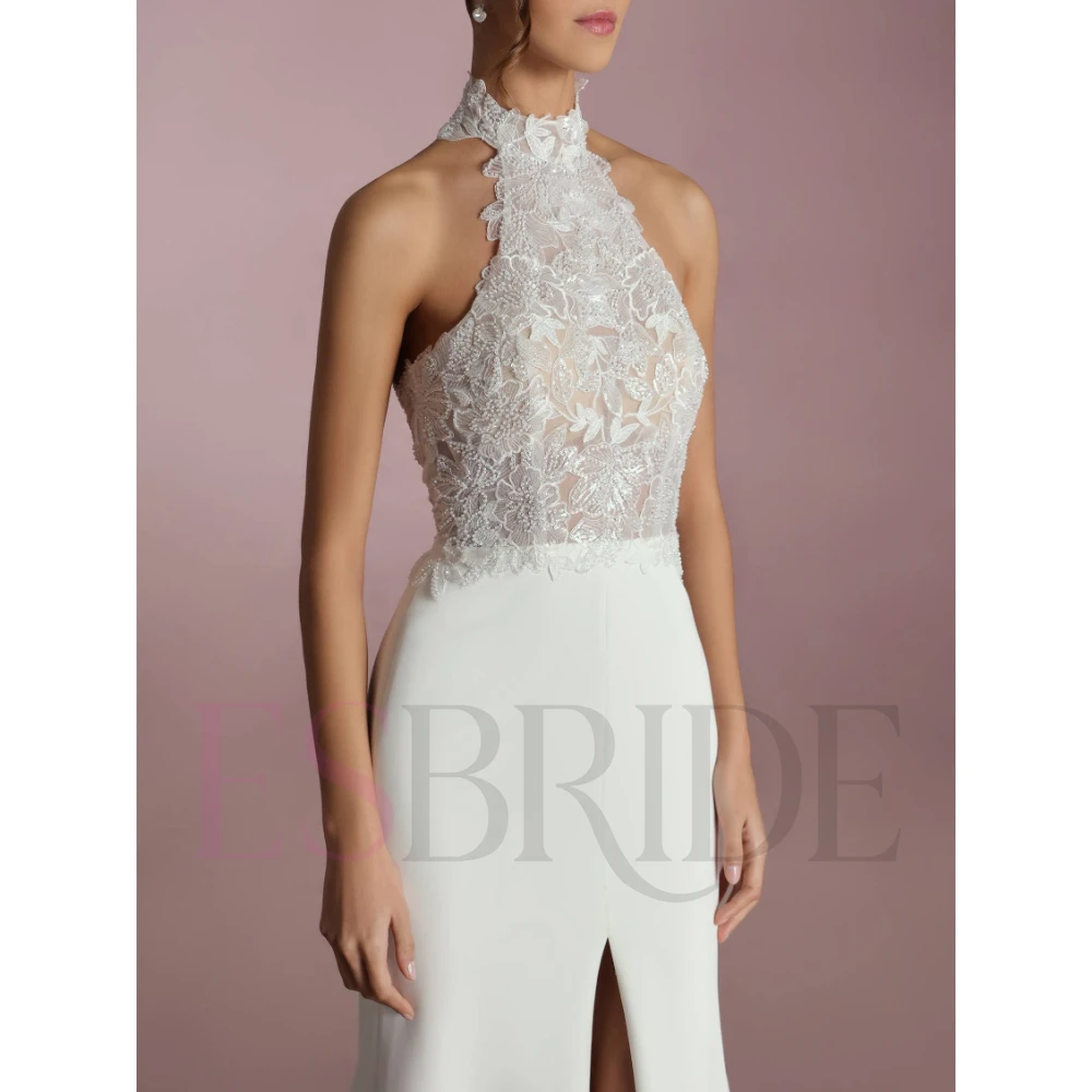 ESBRIDE Elegante abito da sposa civile bianco con collo alto e spacco Abito da sposa senza maniche senza schienale Abiti da sposa di lusso personalizzati