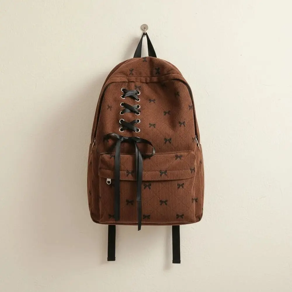 

Daypack Corduroy Bow Backpack Casual Silk Design Students School Bag Fixed Webbing Contrast Color Large Capacity Backpack Sport