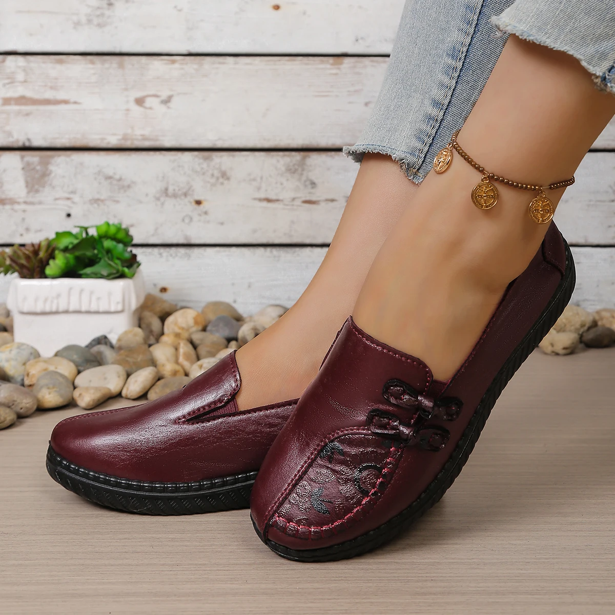 Damen Frühling Herbst Chinesische Knoten-Loafer mit Blumenprägung, Slip-On, Rutschfeste PU-Sohle, Weiche Haus- und Gehschuhe für Mütter, Kostenloser Versand – Detail 9