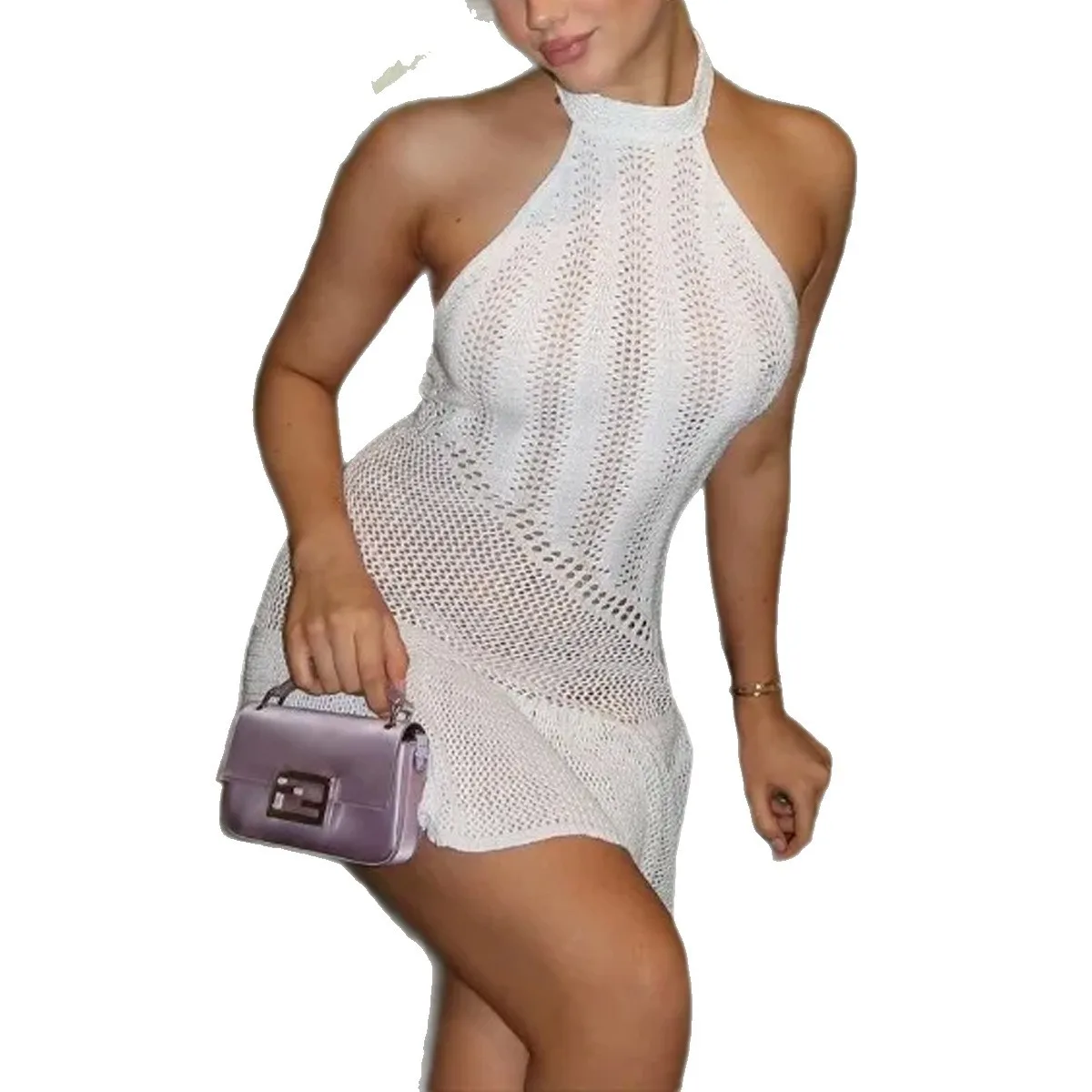 New Style Neck-Halter Sleeveless Dress Knitting Swimsuit Cover-Ups Sexy Hollow Out Slip Dress Beach Sunbathing Cover Up