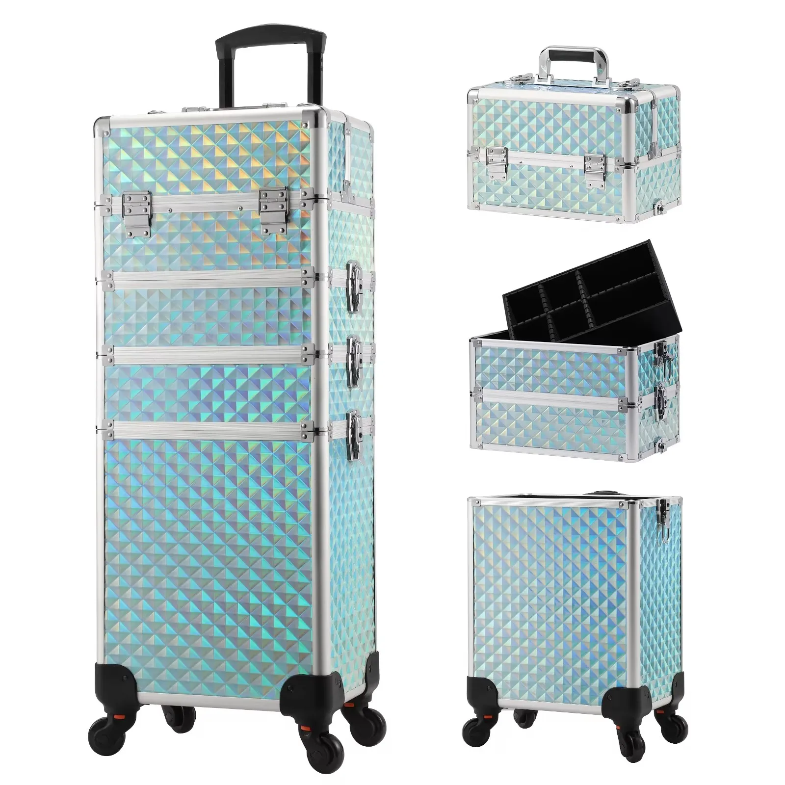 Make-up trolley koffer afneembaar 4-in-1 aluminium trein koffer voor nagelstylist op wielen met slot salon grote capaciteit opbergkoffer