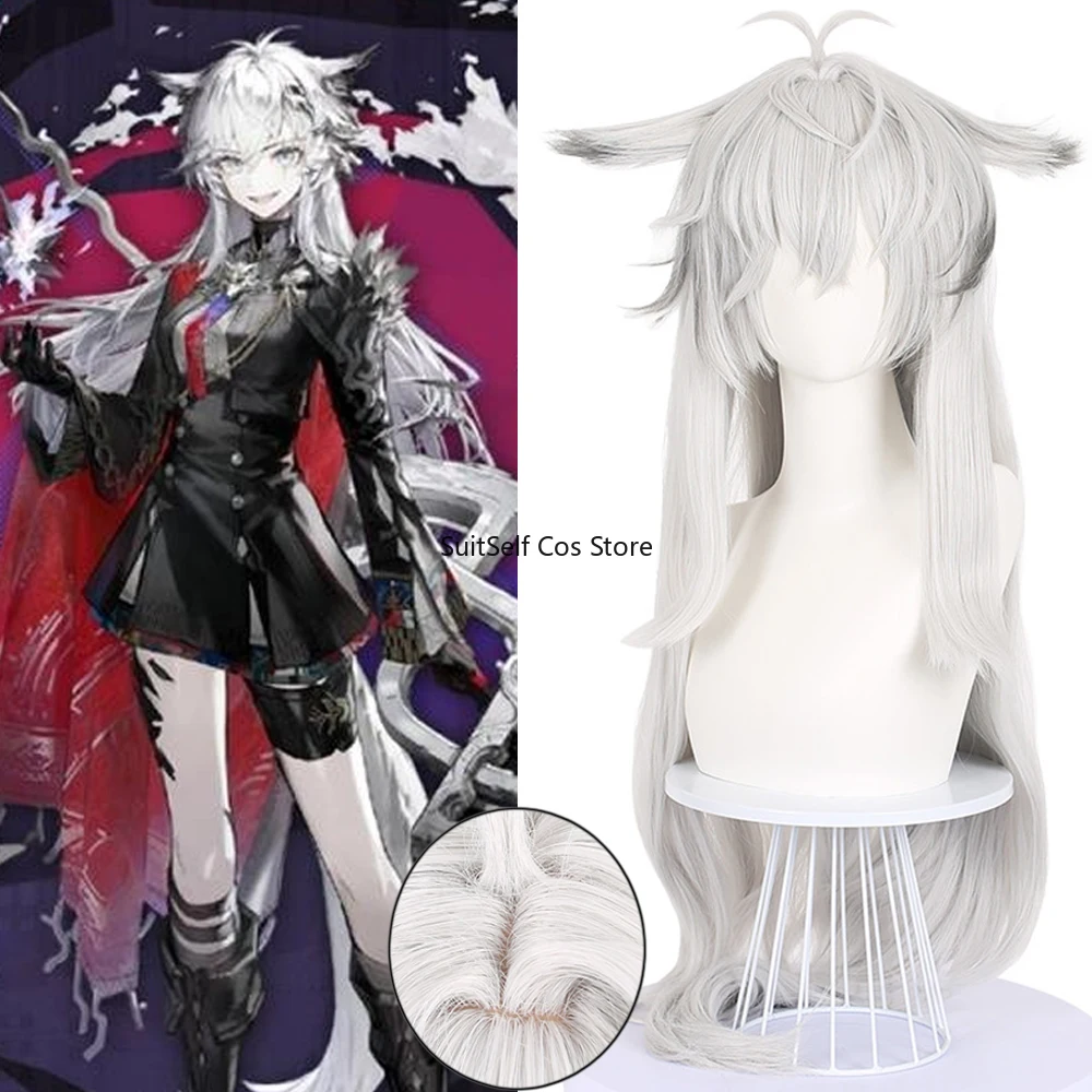 Game Arknights Lappland The Decadenza Cosplay Wig Gray White Gradient Long Hair Ear Hairpins Props Halloween Party + Free Cap