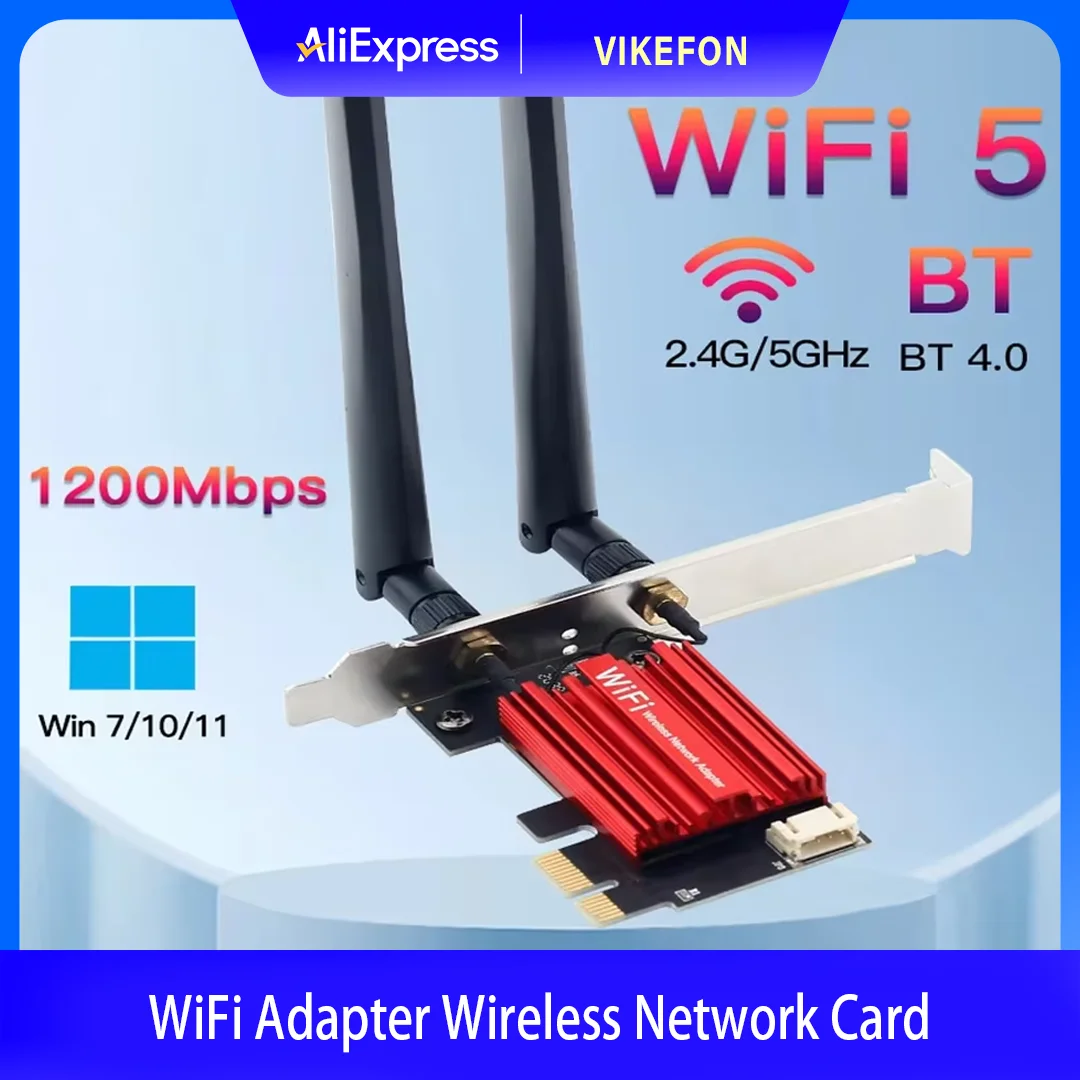 

AC1200 WiFi 5 PCIE WiFi Adapter Wireless Network Card Bluetooth 4.0 Dual Band 2.4G/5GHz 802.11AC For Desktop Windows 7/8/10/11