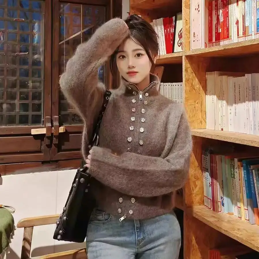 

Зимние эстетические элегантные свитера 2000-х годов с длинными рукавами и пуговицами на молнии, однотонные джемперы Y2k, офисные женские стильные топы с воротником-стойкой