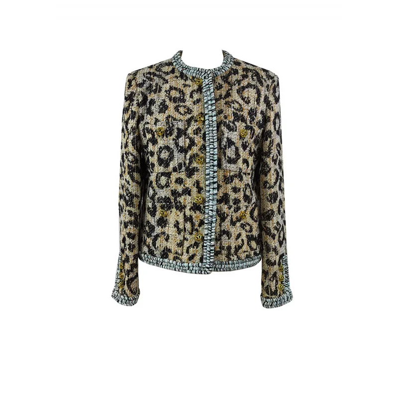 QICHE Women's Jacket Women's Outerwear Fall Winter Heavy Leopard Tweed Cropped Jacket Contrast Ribbon Detail