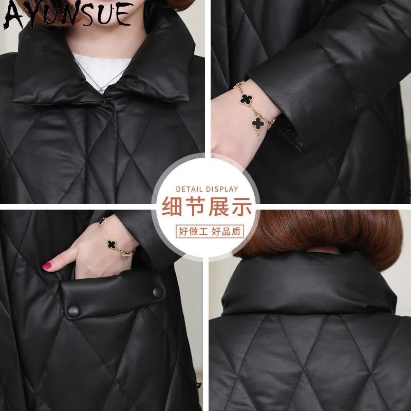 AYUNSUE 진짜 양피 정품 가죽 자켓 여성 2025 겨울 의류 중간 길이 다운 여성 코트 루즈 피트 겉옷의 새로운