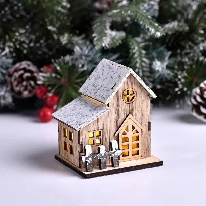 Creative New LED Luminous Wooden House Ornament Merry Christmas Light Cabin Home Decor DIY Xmas Tree Pendant Kids New Year Gift