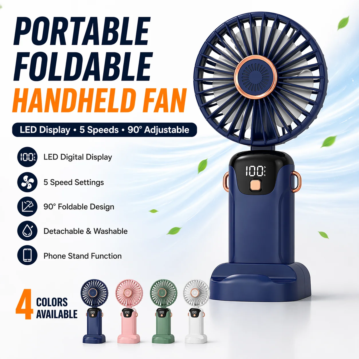 Ventilador Portátil Mini Dobrável para Pendurar no Pescoço com 5 Velocidades, Recarregável via USB, Suporte para Celular e Tela de Exibição 2400mAh