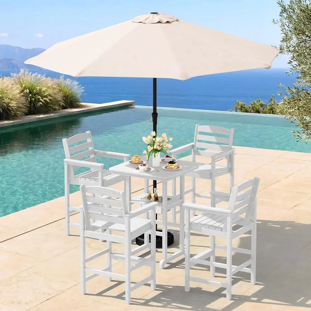 

Outdoor 5-Piece Bar Set with HDPE Chairs, Table, and Umbrella, Ideal for Balcony, Poolside, Backyard, White