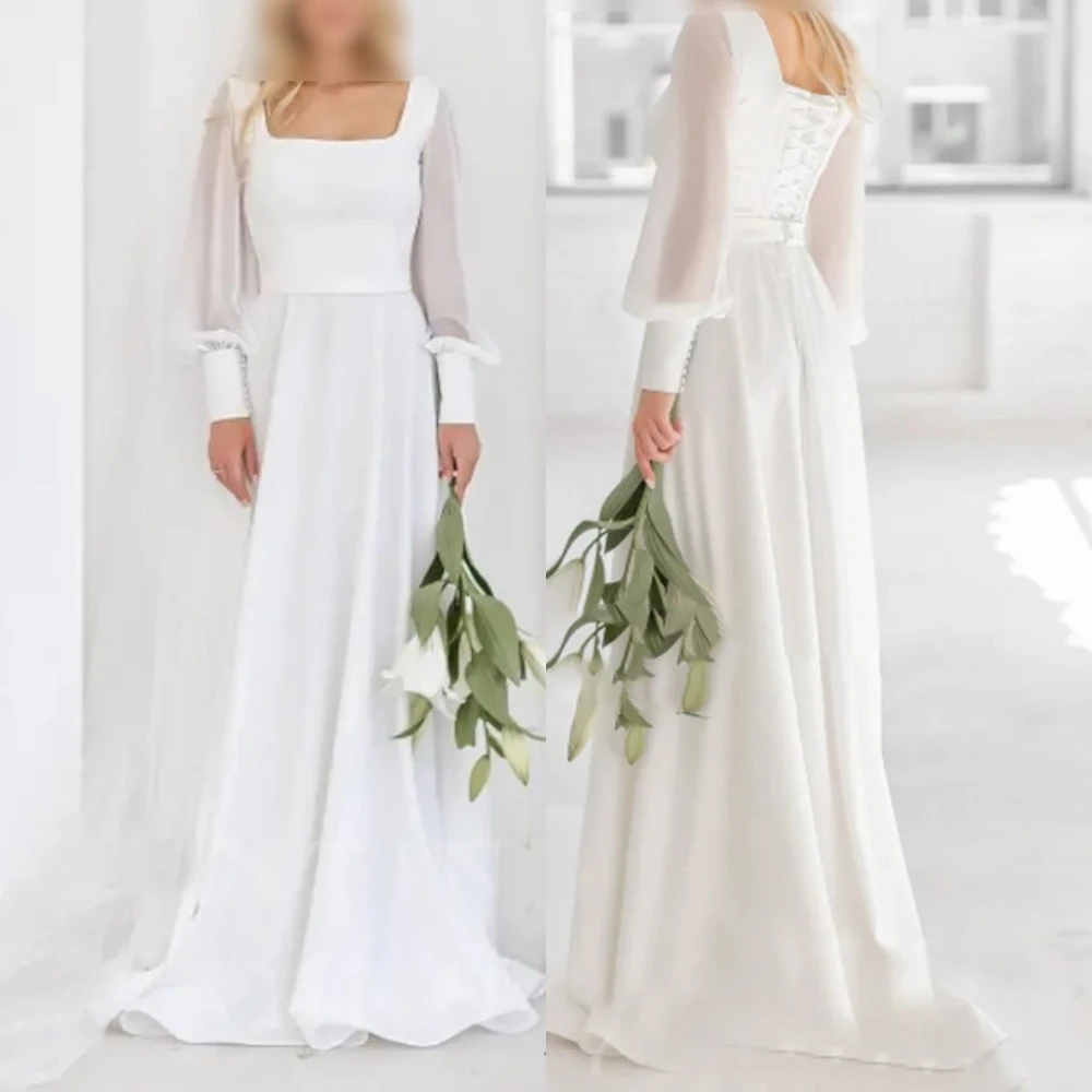 

Customized Fashion White Satin Formal Wedding Dress Classic Square Collar High Quality Bridal Party Delicate Bridal Gowns