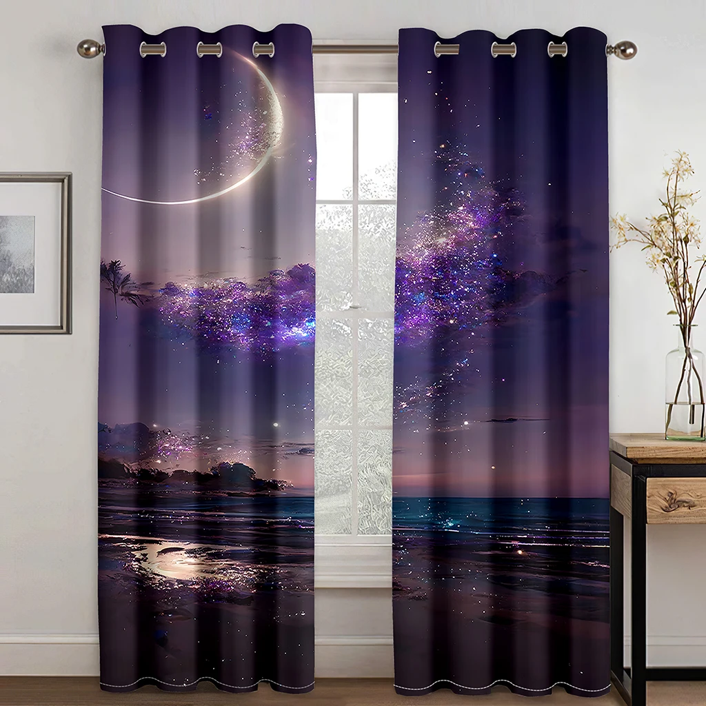 

3D Cool Starry Sky Moon Aurora Scenery Curtain 2 Panel Luxury Living Room Bedroom Home Decor Curtain Punch Hooks