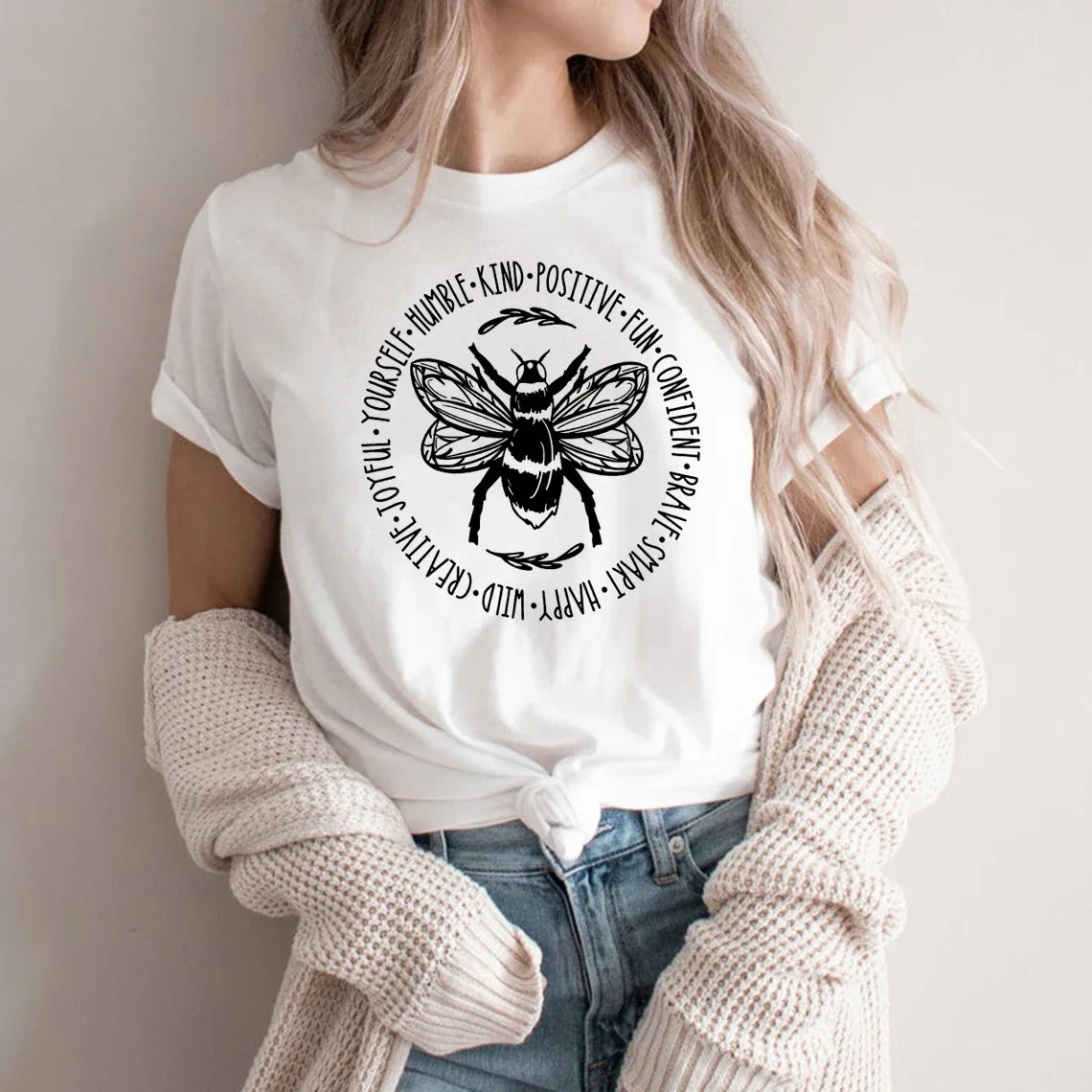 Y2k Short Sleeves Summer Loose T-shirt Bee Something Shirt Be Kind Stay Positive Fun Confident Happy Joyful Casual Tops Tee