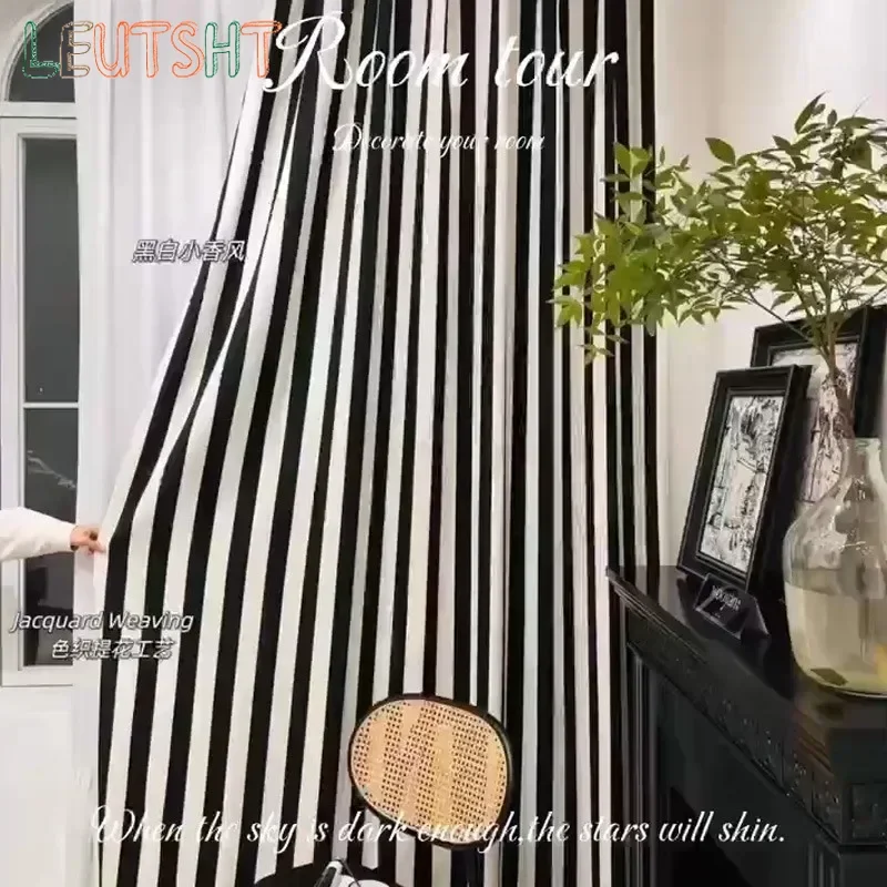 Jacquard High-end Vertical Striped Black and White Chenille Small Fragrance Blackout Curtains Curtain Art Living Room Studio