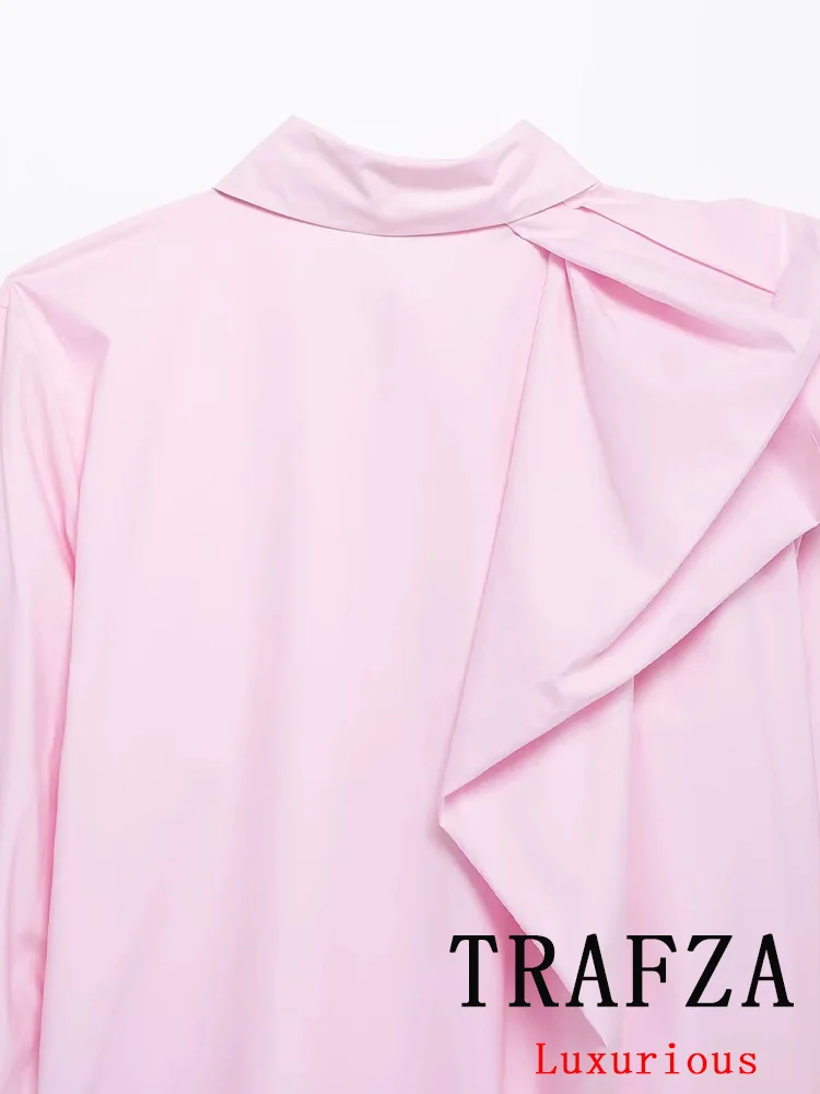 TRAFZA Casual Chic ผู้หญิงเสื้อไหล่ปุยเดี่ยวหลวมเสื้อแฟชั่น 2025 ฤดูใบไม้ผลิฤดูร้อนเสื้อ Tops