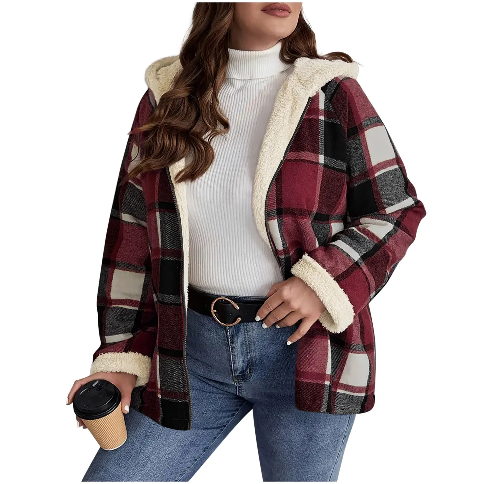 

Ladies' Loose Comfortable Casual Fashionable Zipper Hooded Plaid Printed Jacket Jacket Coat Woman Loose Casual Outerwear Coat
